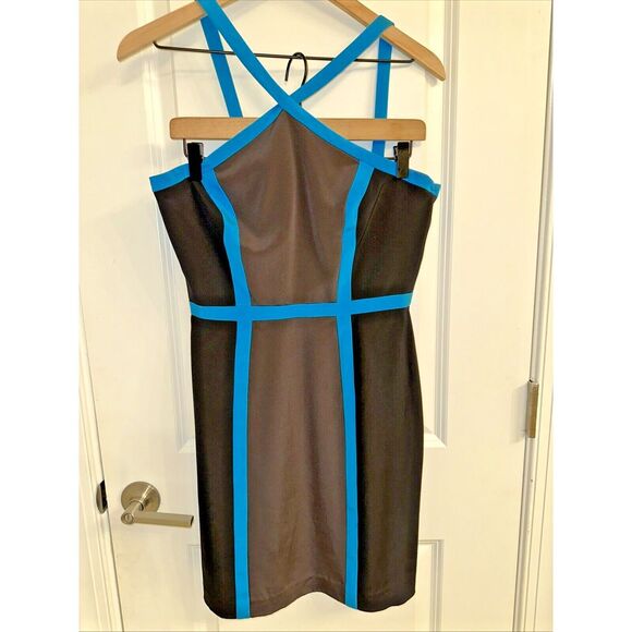 JAY GODFREY Black Blue Trim Sleeveless Midi Colorblock Dress Size 8 Silk‎ Blend - Picture 1 of 7